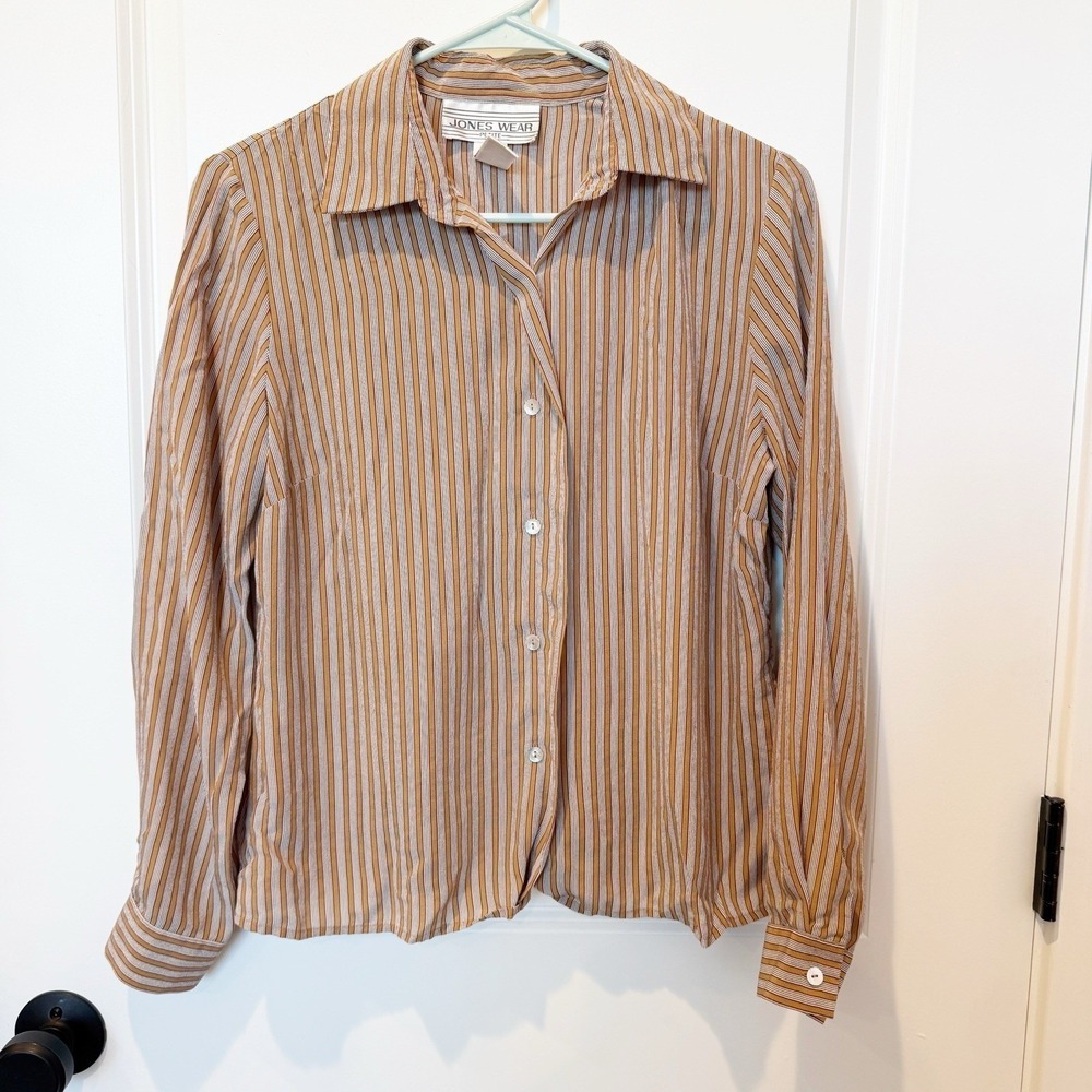Vintage Jones Wear Womens Silk Stripe Button Up Top Petite 10 Old Money Luxury